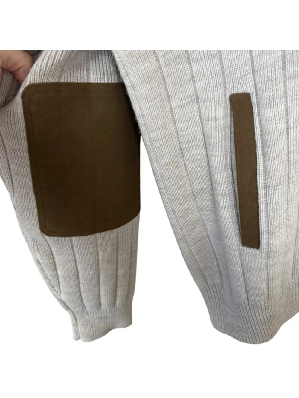 Orvis 100% Merino Wool Full Zip Beige Cardigan Men's Med Elbow Patches Academia
